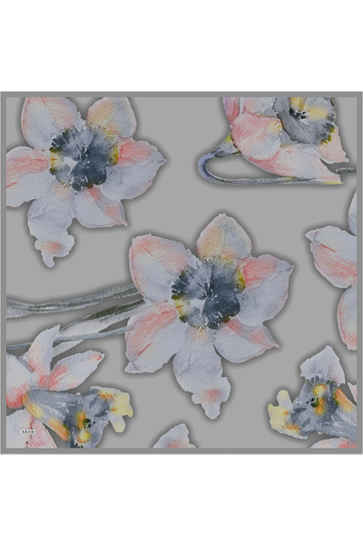 Aker Gri Çiçek Desenli İpek Krep Saten Eşarp