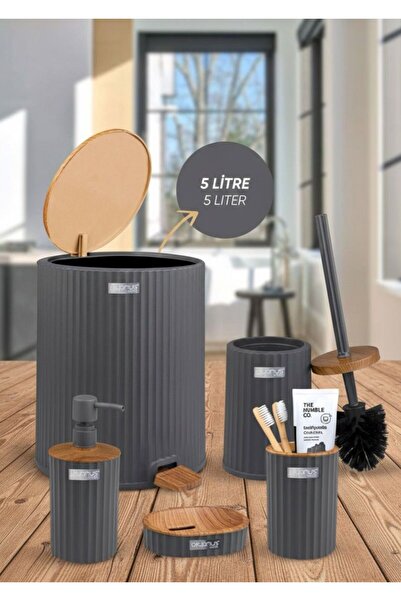 Okyanus Home Coliseum Antrasit Ahşap Desenli Kovalı Pedallı 5'li Banyo Seti