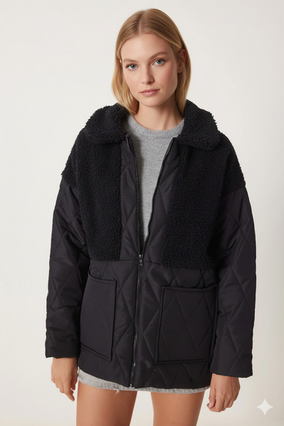 hazelin Palton puf matlasat cu căptușeală interioară cu detaliu de pluș pentru femei HZL24W-BD 151821