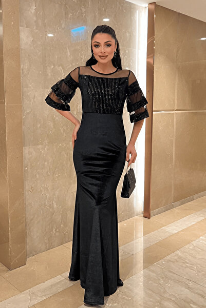 giyimmasalı Vrchní flitrové spodní sametové večerní šaty - černé