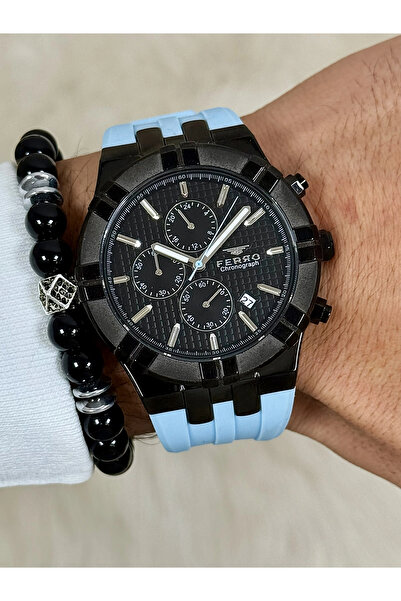 FERRO Turkuaz  Silikon Kordon Erkek Kol Saati FM11378D-ZA2 Fonksiyonları Aktif + Bileklik Hediyeli