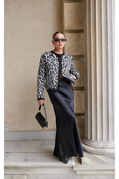 FLEX FASHION Kadın Bisiklet Yaka siyah beyaz Leopar Desenli TÜYLÜ Desenli Hırka