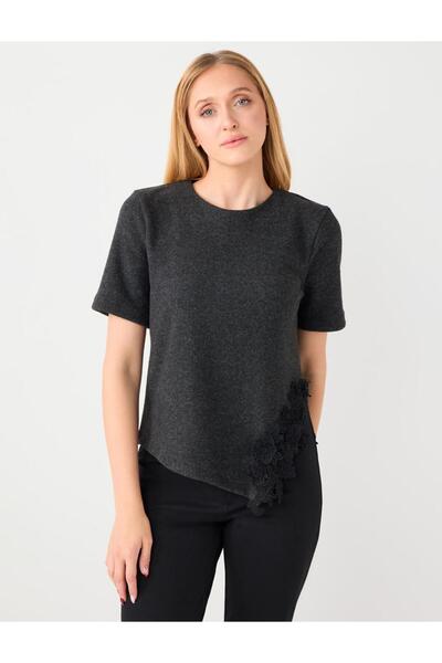 Jimmy Key Anthracite Melange Embroidered Soft Textured Knitted Blouse