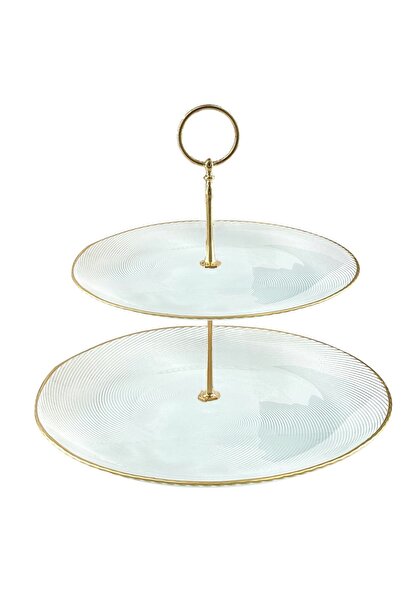 HIC طبق تقديم زجاجي شفاف طابقين 28 سم مع خط ذهبي