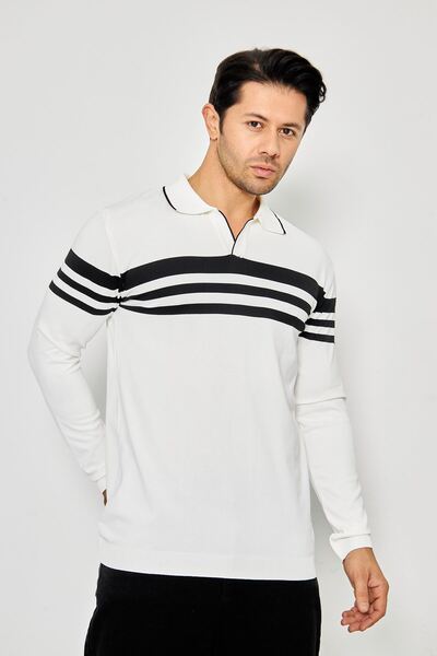 ZİNOX Men's Shirt Collar Chest Striped Knitwear Sweater