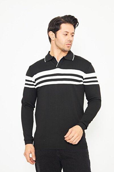 ZİNOX Men's Shirt Collar Chest Striped Knitwear Sweater