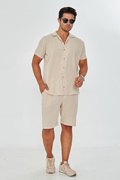 ZİNOX Men's Linen Lapel Collar Short Sleeve Shirt - Shorts Set