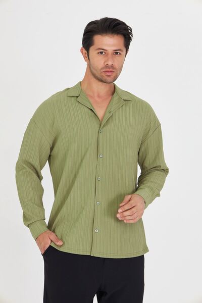 ZİNOX Men's Off Shoulder Twist Pattern Oversize Apaç Long Sleeve Collar Shirt