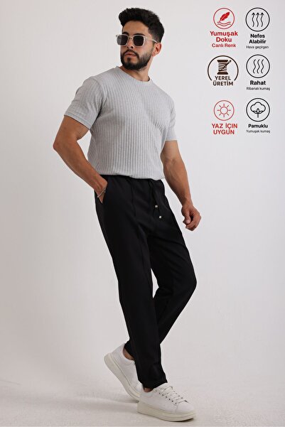 Oyga Men's Ribbed Zinox Fabric T-Shirt & Zippered Double Fabric Trousers Set