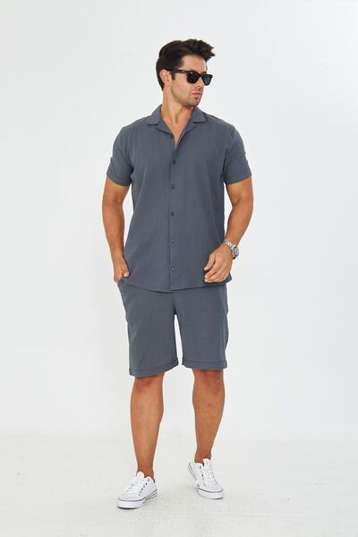 ZİNOX Cămașă cu mânecă scurtă pentru bărbați din in, cu guler apăsat - Set pantaloni scurți