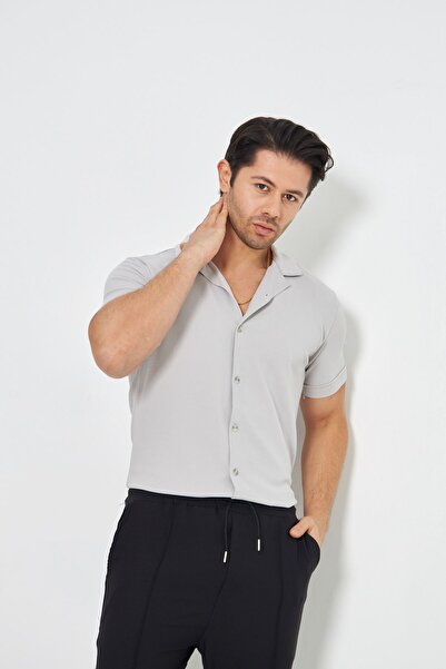 ZİNOX قميص رجالي من القماش المحبوك بأزرار وياقة أبوتشي، قميص أنيق بنمط كريب م...