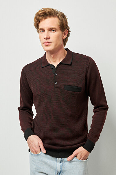 Çizgi Triko Мъжки пуловер с висока яка в цвят бордо, с джобове, с мотиви, стоманена плетка, класическа кройка