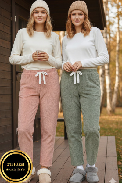 ELİTOL 2-Pack Soft Wellsoft Fleece Women's Pajama Bottoms-(Salmon/Green)