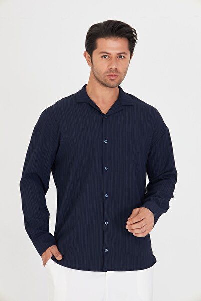 ZİNOX Men's Off Shoulder Twist Pattern Oversize Apaç Long Sleeve Collar Shirt