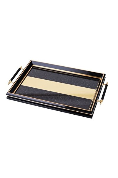 HIC Black Gold Wooden Serving Tray With Black Crystal Stones Black Handle