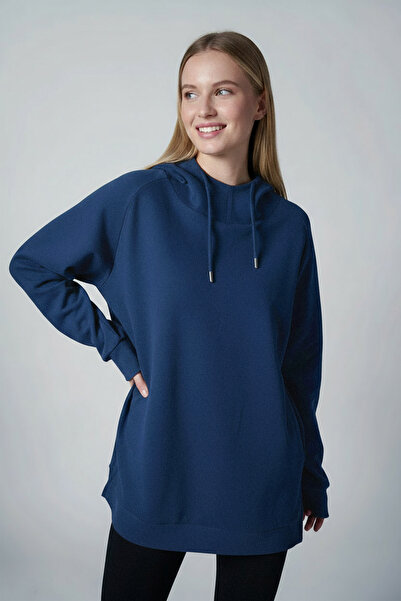 bilcee Hanorac lung, oversize, cu glugă, cu textura moale, albastru bleumarin pentru femei 4785