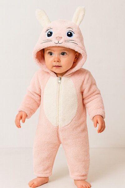 Chicsy Baby Unisex Bebek Kapüşonlu Tavşan Desenli Peluş Tulum