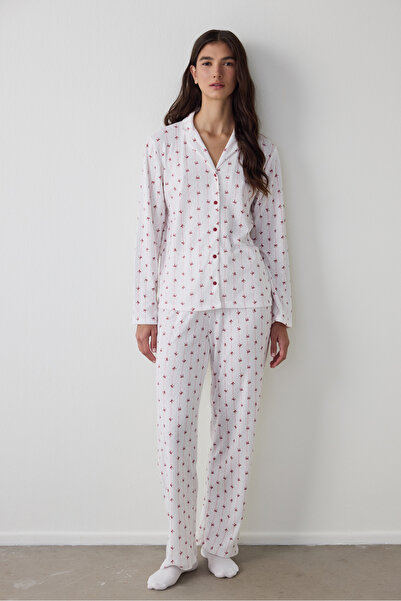 Penti Off-White Bow Patterned Shirt Collar Long Sleeve Pajama Set