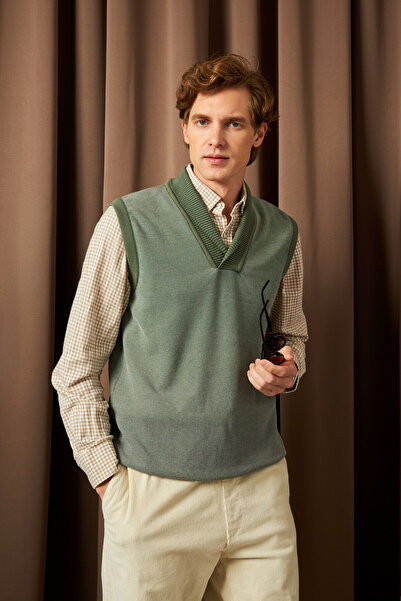 Çizgi Triko Men's Shawl Collar Knitwear Green Sweater with Dot Pattern Classic Fit - 5250H