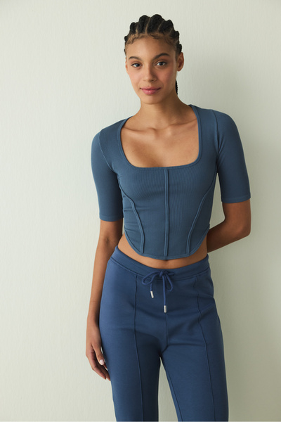 Penti Indigo Square Neck Seamless Short Sleeve Crop Top