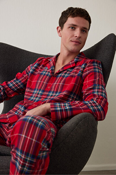 Penti Red Men's Plaid Pattern Long Sleeve Shirt Pajama Set