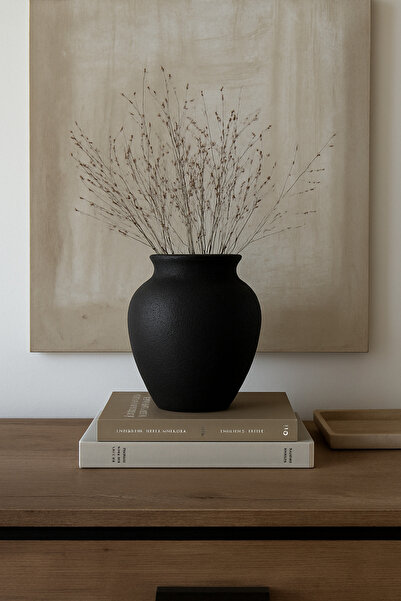 Yalda atelier Handmade Natura Matte Dokulu küçük göbekli Dekoratif Vazo siyah