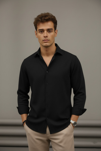 Bürke Sofia Linen Black Half Oversized Men's Shirt