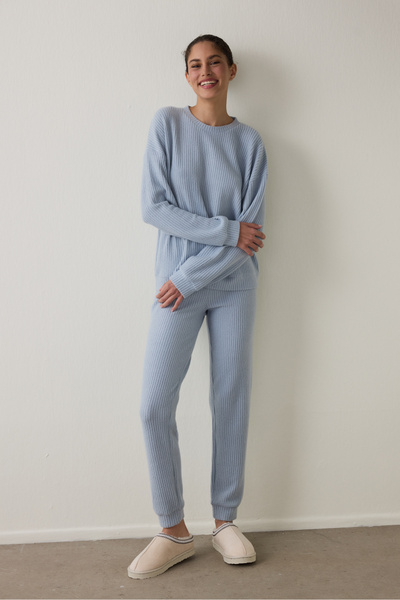 Penti Light Blue Crew Neck Long Sleeve Waffle Thermal Effect Pajama Set