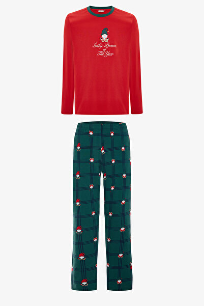 Penti Men's Dwarf New Year Patterned Cotton Pajama Set