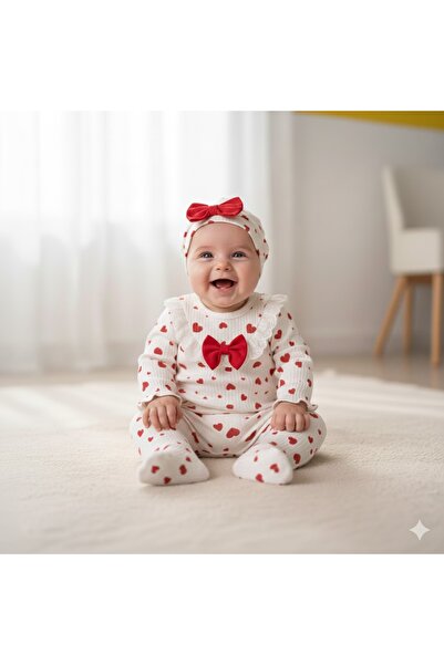 MİNİBORN Cotton Heart Printed Bowknot 3-Piece Baby Girl Set