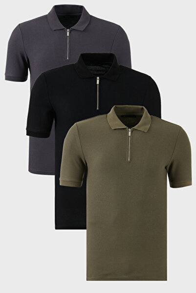 Buratti Pamuklu Regular Fit Yarım Fermuarlı 3'lü Paket Polo Yaka T Shirt Erke...