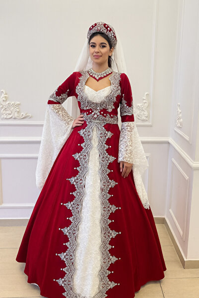 atölyekaftanbutik Kırmızı gümüş kadife kaftan bindallı