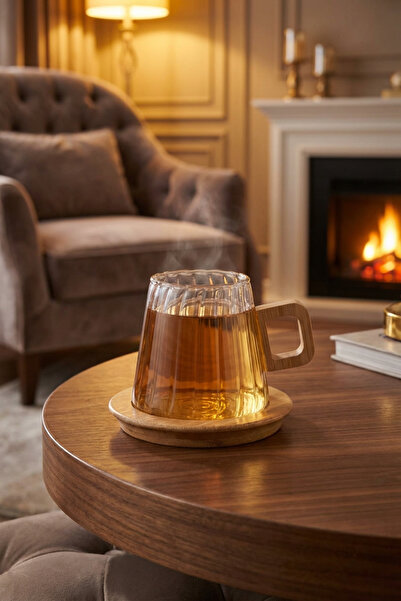 MAKRİ HOME Striped Patterned Transparent Glass Mug with Bamboo Base 300 ml