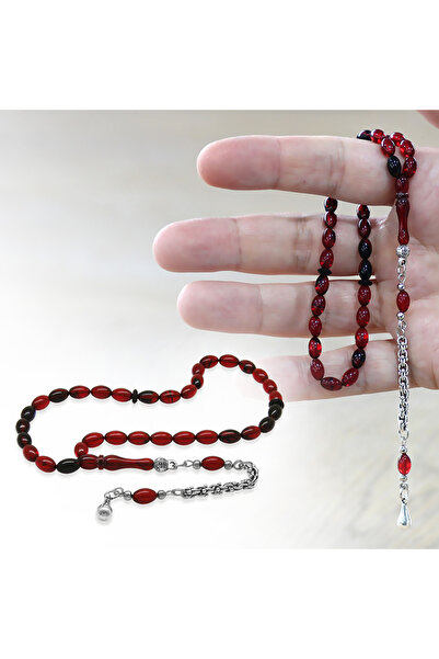 Tesbihane Kararmaz Metal Arnavut Zincir Püsküllü Arpa Kesim Kırmızı Siyah Bilek Boy Ateş Kehribar Tesbih