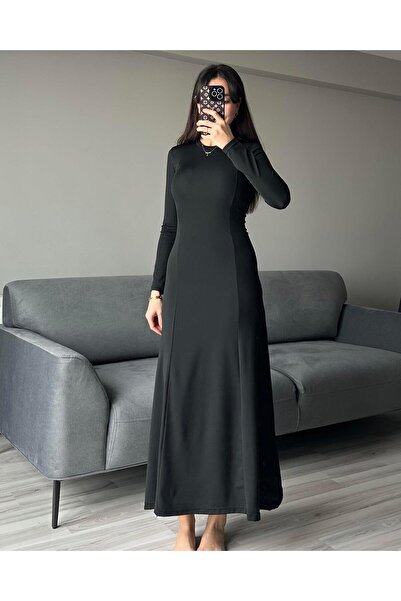 AB LOOKS فستان كايلي ماكسي طويل أسود بأكمام طويلة للنساء، فستان طويل أساسي بت...