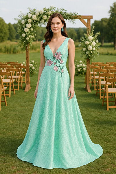 Neva Style Вечерна рокля с флорални детайли 7626MINT