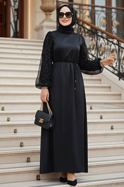 Neva Style Rochie de seara cu maneca balon neagra musulmana 61671S