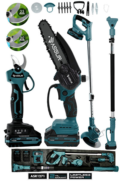 ASSUR Profesyonel 4'lü Set 21V Teleskopik Bağ Makası & Çim Biçme Makinesi & B...