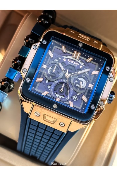 Reward ساعة يد رجالية بقرص مربع وسوار فولاذي، لون أزرق داكن، متعددة الوظائف