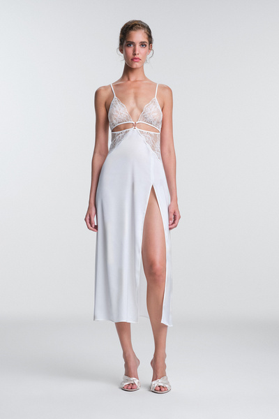 Penti Off White Scarlett Ruched V Neck Long Nightgown Without Underwire