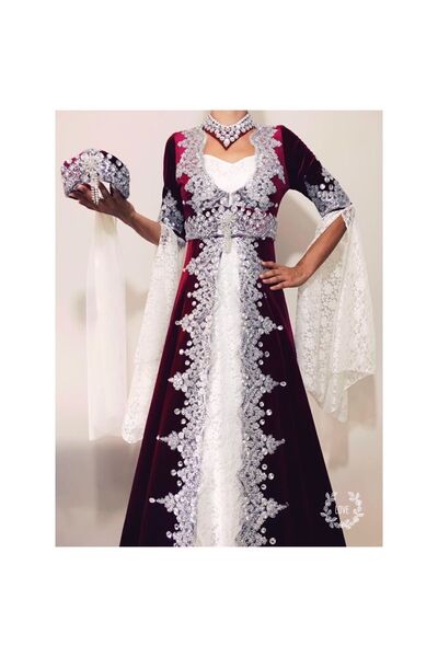 atölyekaftanbutik Women's Burgundy Velvet Kaftan Bindallı 6-Piece Henna Dress
