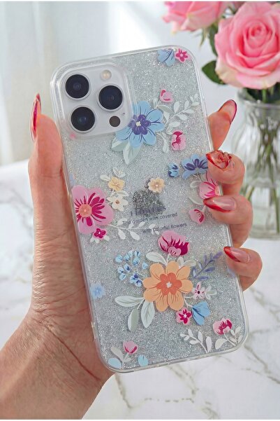 Fibaks Apple iPhone 11 Pro Max Uyumlu Kılıf Mavi Simli Çiçek Desenli Renkli Parlak Darbe Emici Kapak
