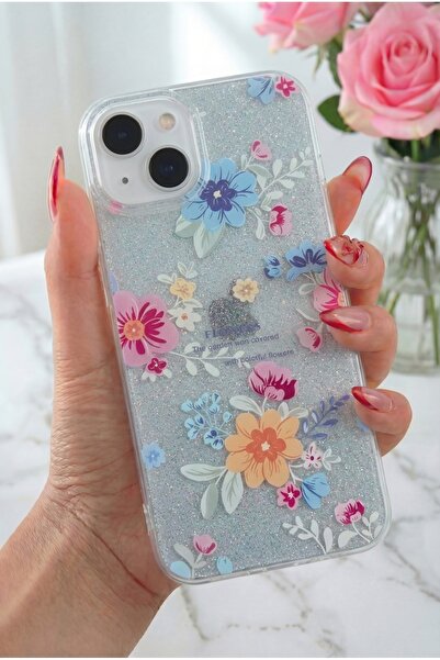 Fibaks Apple Iphone 14 Plus / 15 Plus Uyumlu Kılıf Mavi Simli Çiçek Desenli Renkli Parlak Darbe Emici