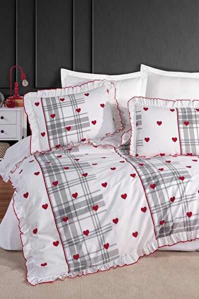 GÖRMEZ TEKSTİL Love Check - Set de lenjerie de pat cu volane cusute cu ornamente duble, roșu, din bumbac natural