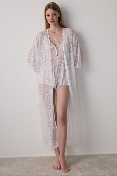 Penti Off White Bridal Lace Detailed Bridal Dressing Gown