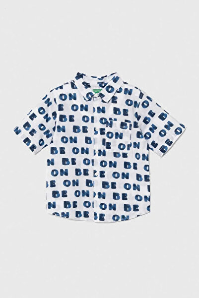 United Colors of Benetton Boy's White-Navy Blue All Patterned Patch Pocket Short Sleeve Shirt