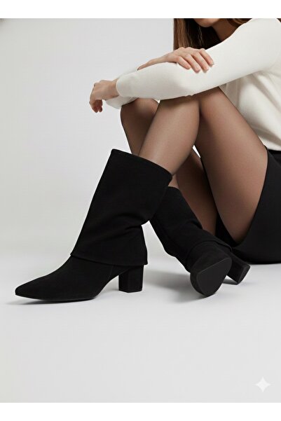 Ozzo Woman Sivri burun siyah süet kadın yarım çizme