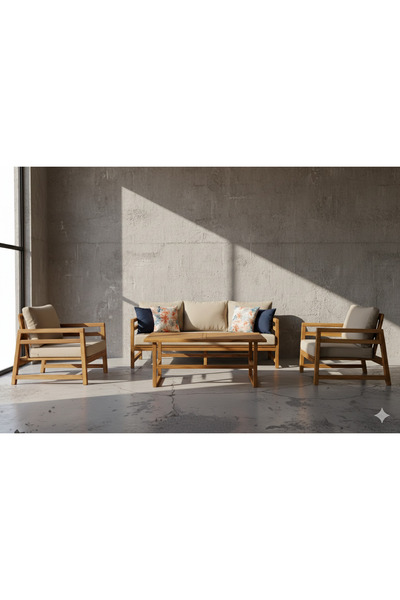 zerkaconcept Gamze Masif Ahşap İroko Ağacı Oturma Grubu Bahçe Balkon Koltuk T...