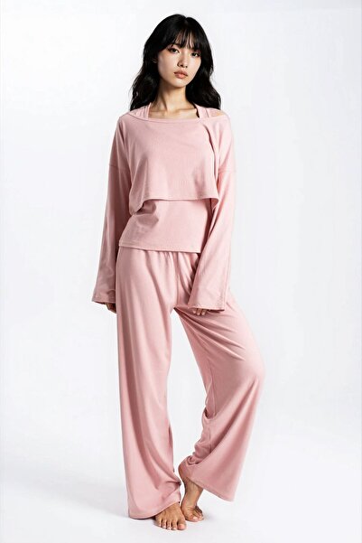 Ecrou Women's Powder Report Ribbed Knit Texture Seoul 3-Piece Pajama Set