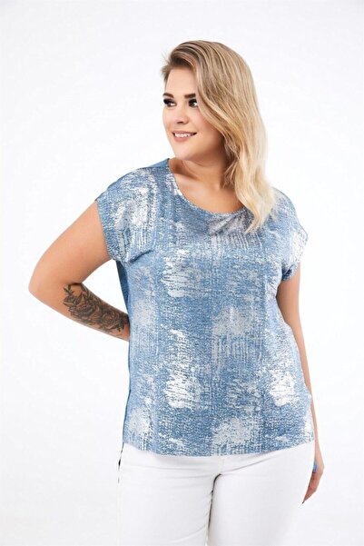 Seamoda Kısa Mavi Gümüş Kol Sim Baskılı Yırtmaçlı Bluz Simli